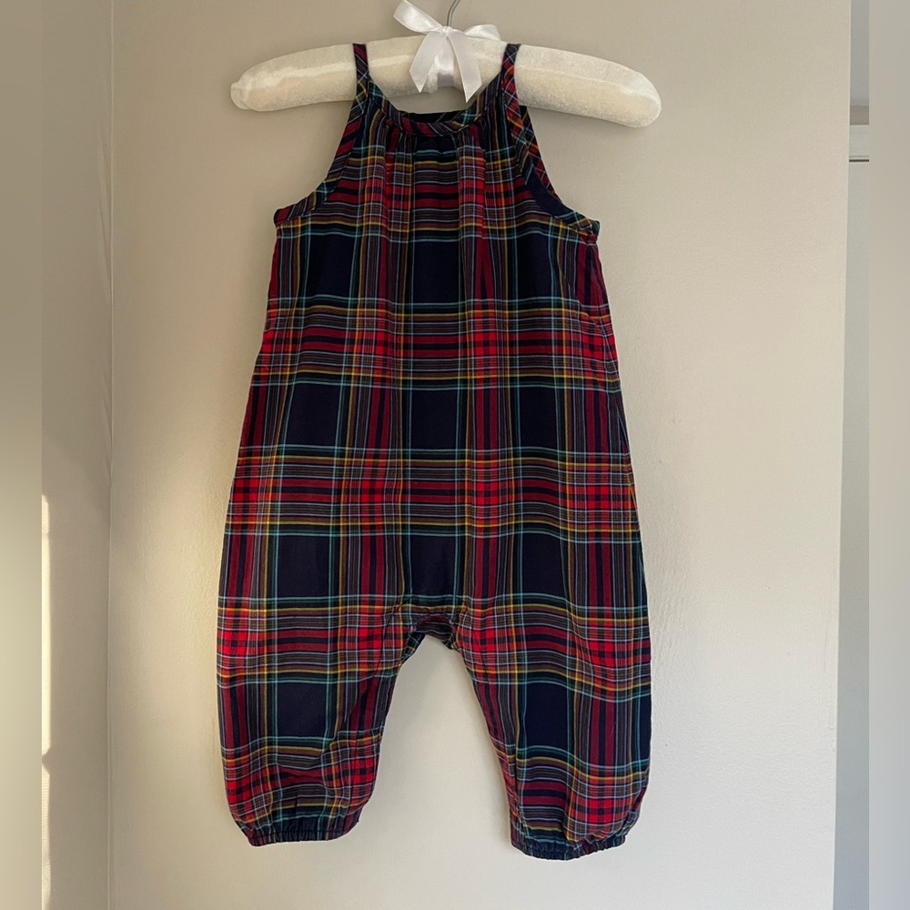 Hanna Andersson navy plaid romper, size 6-12m